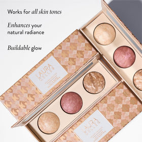 LAURA GELLER close-up blush pan showing pink pigment and natural radiance