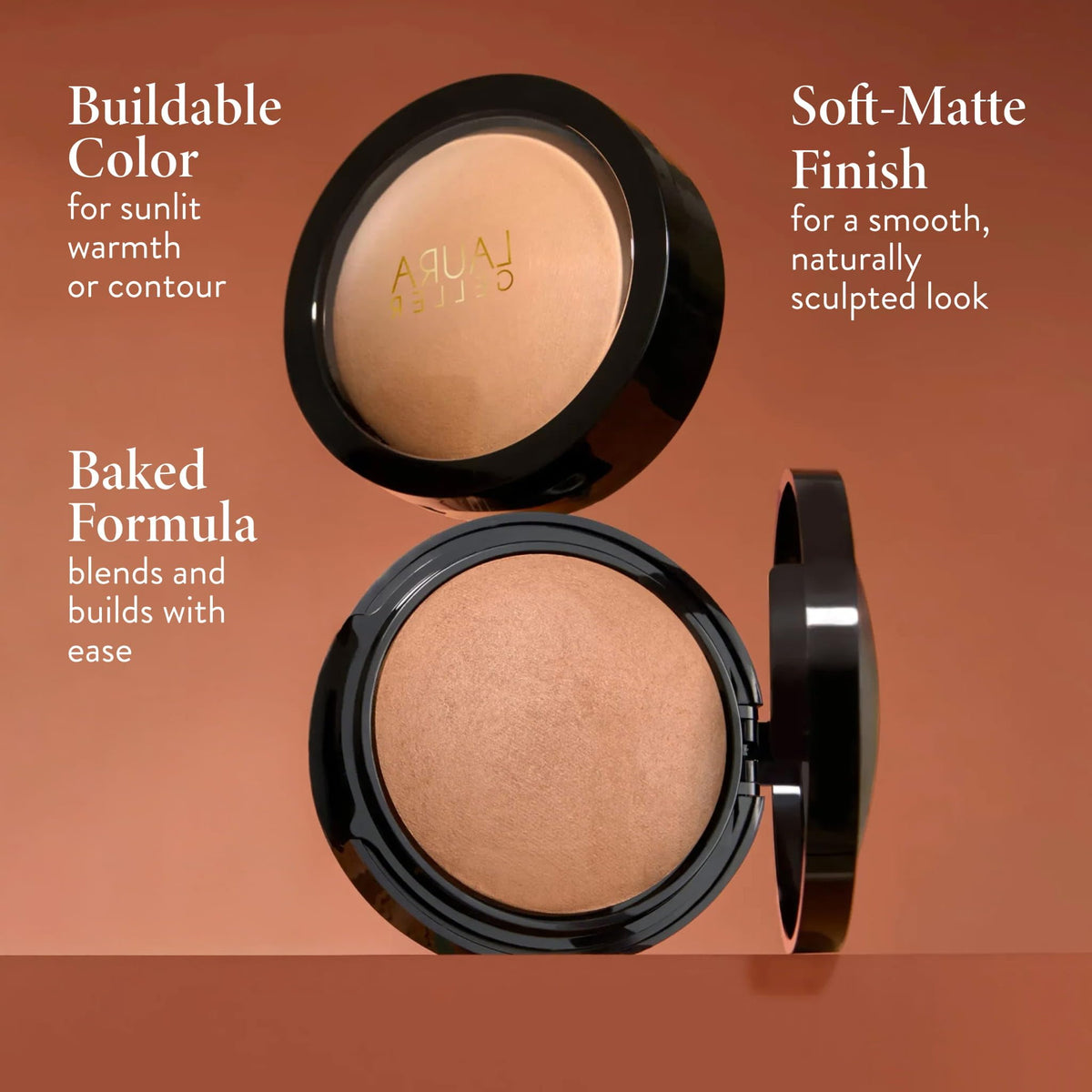 LAURA GELLER brush applying bronzer to cheek for natural contour benefit