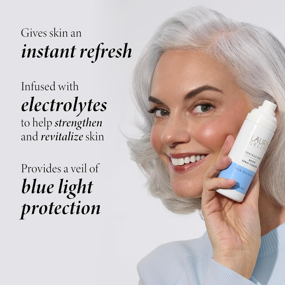 LAURA GELLER closeup nozzle and spray texture highlighting microfine distribution