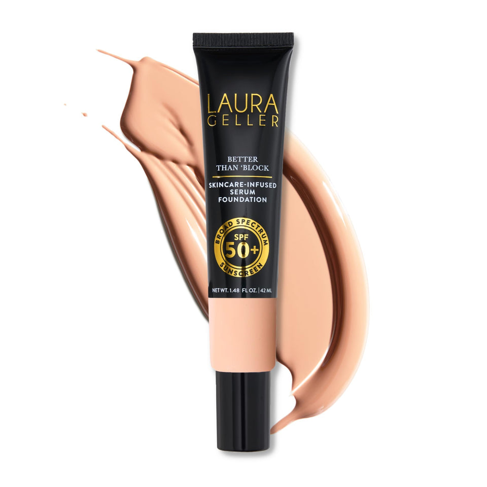 LAURA GELLER NEW YORK front bottle shot highlighting SPF 50+ protection