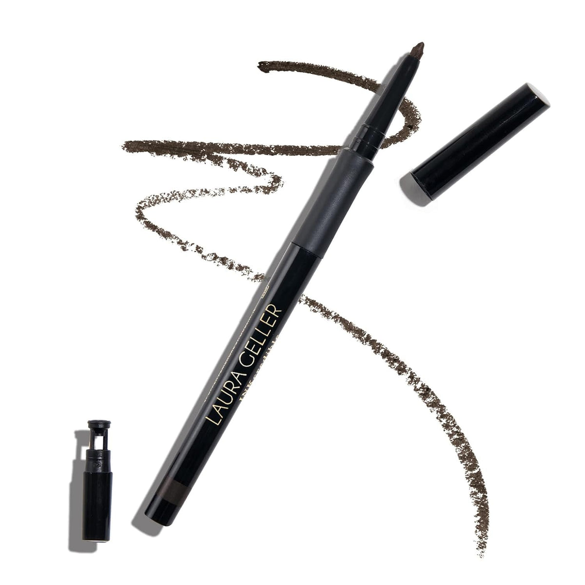 LAURA GELLER close-up of front pencil packaging showing brand and shade benefits