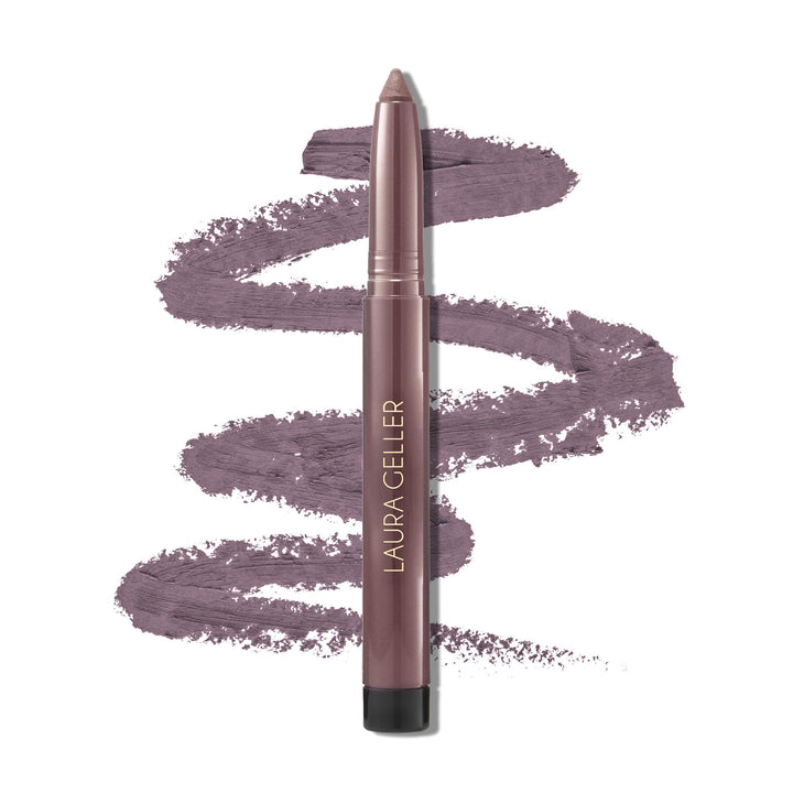 LAURA GELLER NEW YORK front view of Kajal pencil showing Smoky Plum shade and packaging benefit