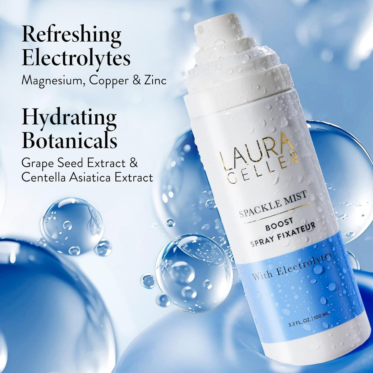 LAURA GELLER mist spray in hand demonstrating fine mist and easy application benefit