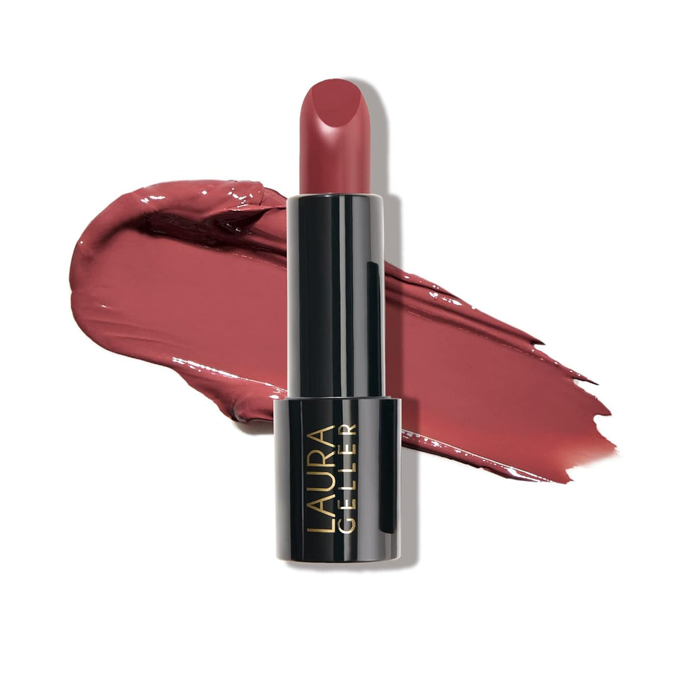 LAURA GELLER NEW YORK front view of lipstick shows sleek packaging and color payoff