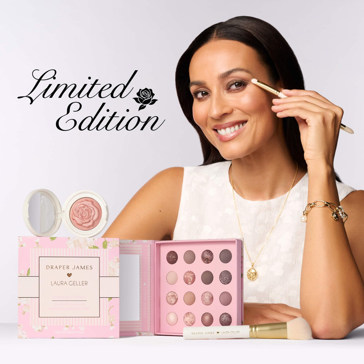 LAURA GELLER NEW YORK compact beside fingers illustrating true size and portability