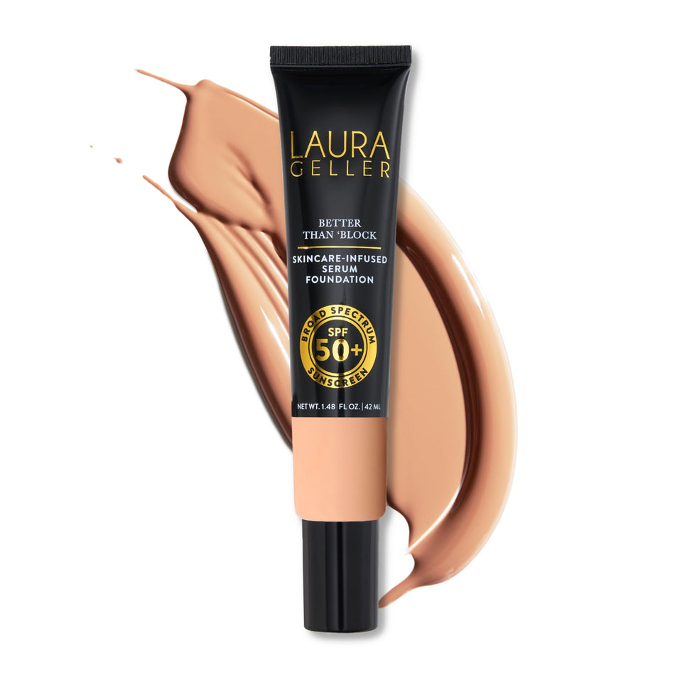 LAURA GELLER NEW YORK bottle front shows SPF 50 benefit