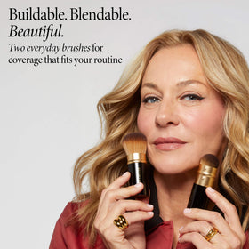 LAURA GELLER NEW YORK application showing brushes blending powder seamlessly on cheek