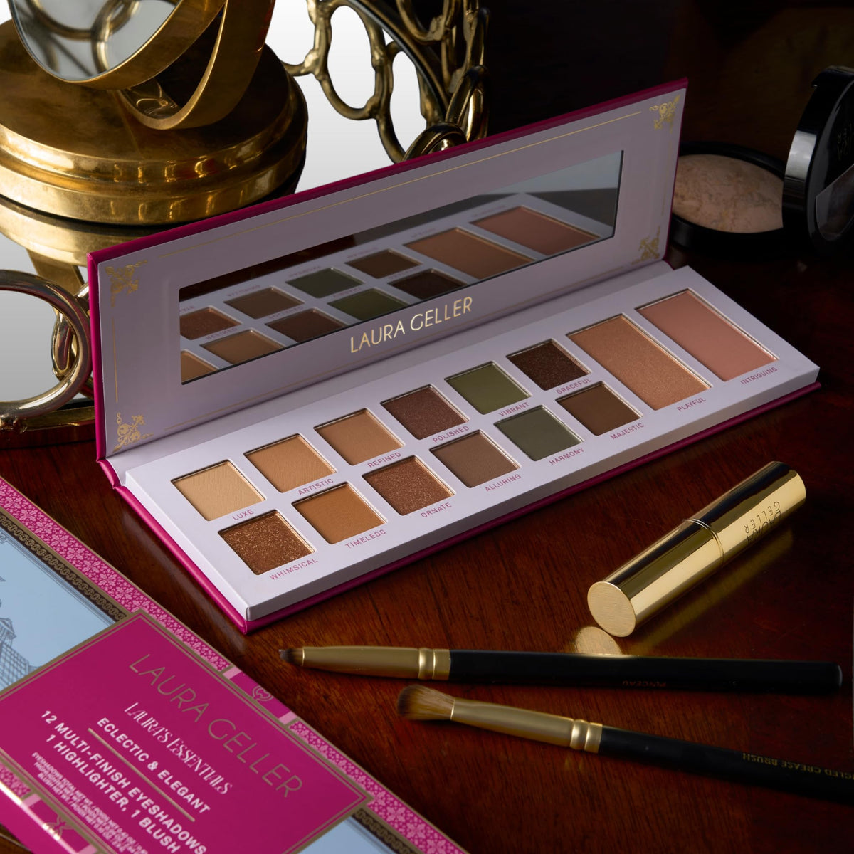 LAURA GELLER NEW YORK palette in use applying shimmer to eyelid for quick glam