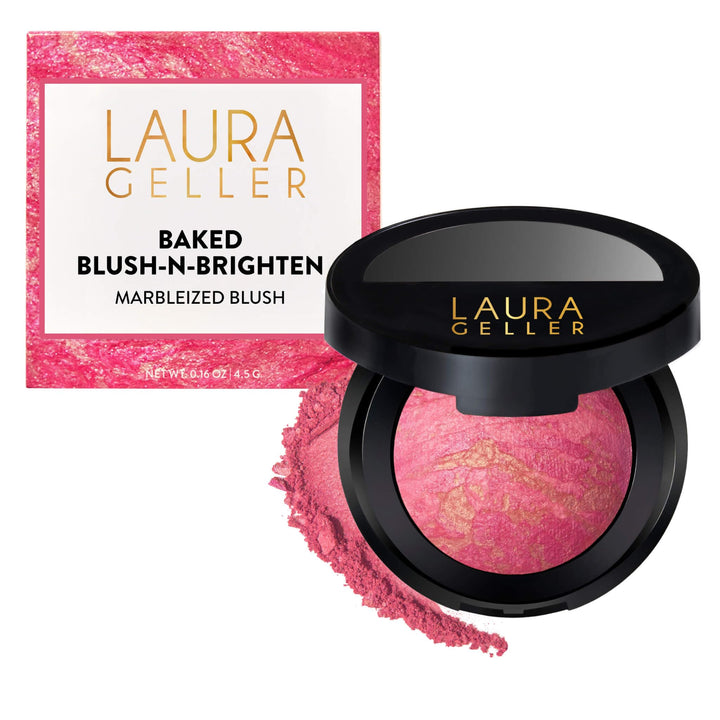 LAURA GELLER NEW YORK front compact showing Sunlit Rose shade and packaging benefit