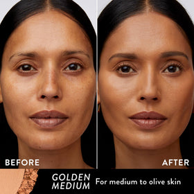 LAURA GELLER open compact showing baked powder pan and mirror for quick touch-ups