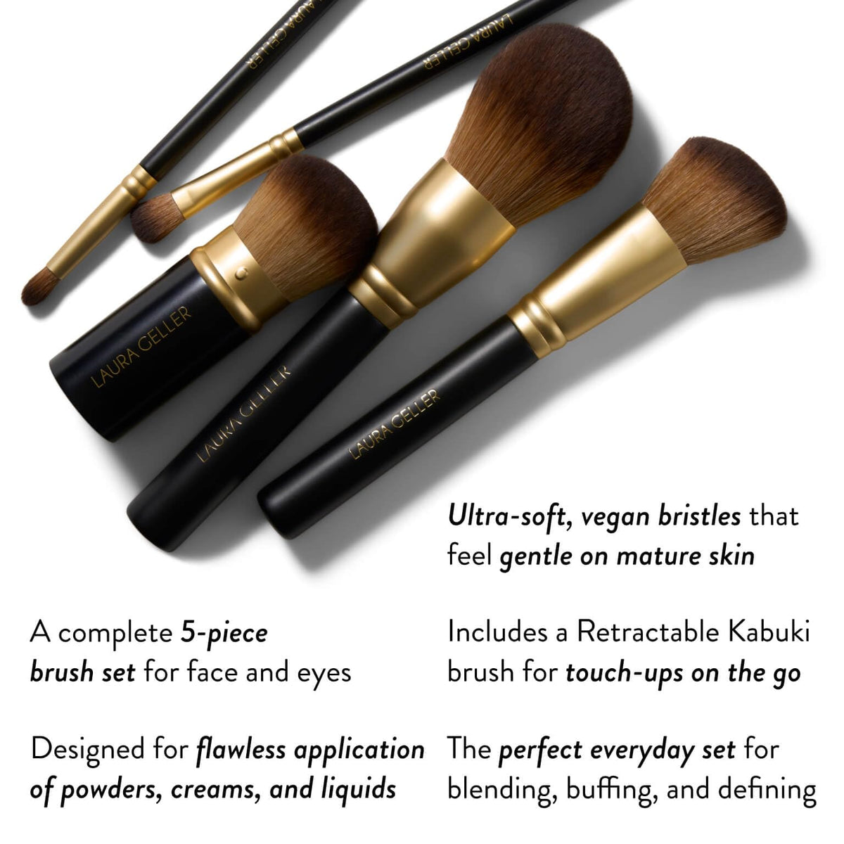 LAURA GELLER packaging flatlay with features sheet highlighting set contents