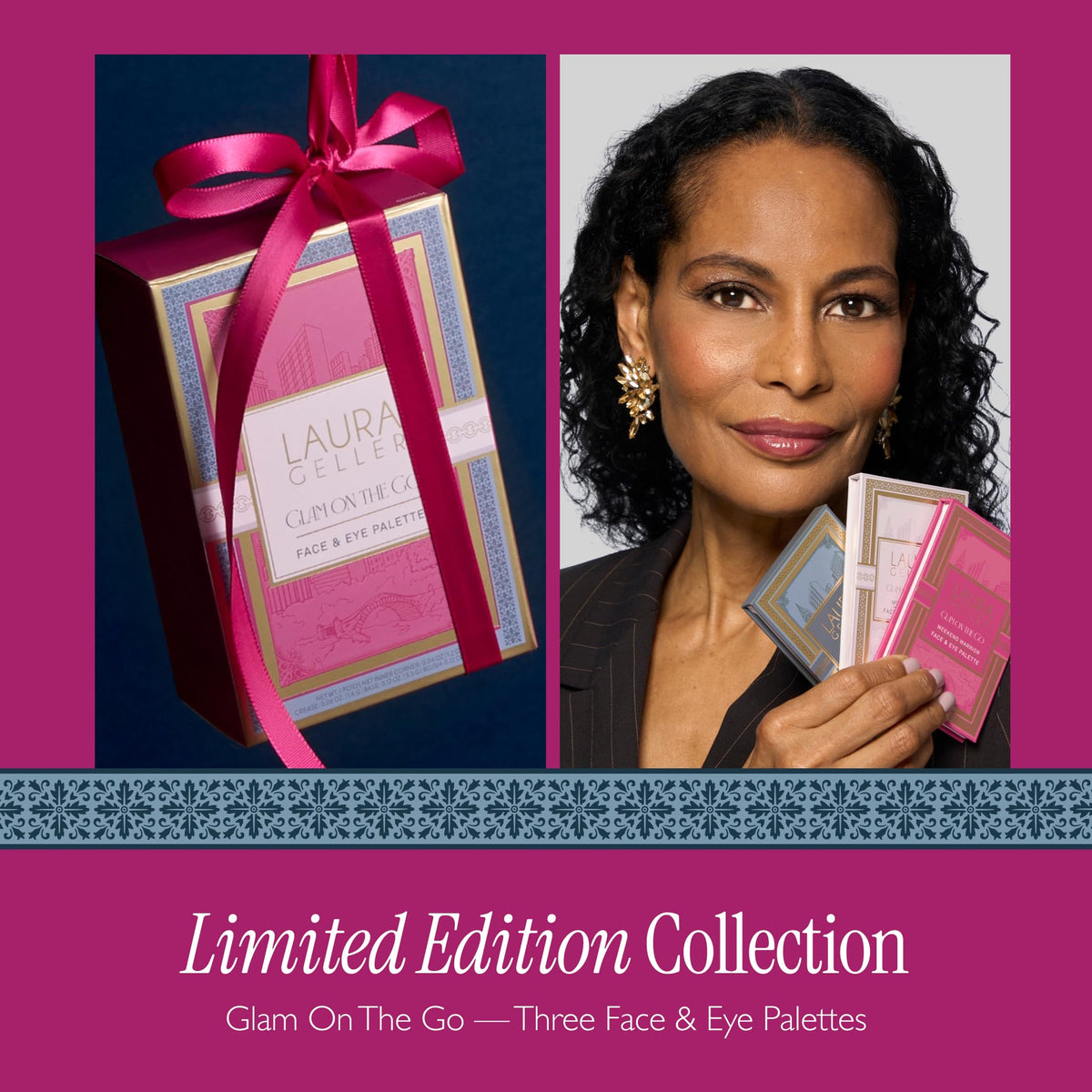 LAURA GELLER NEW YORK open palette top view showing coordinated eyeshadows and blush