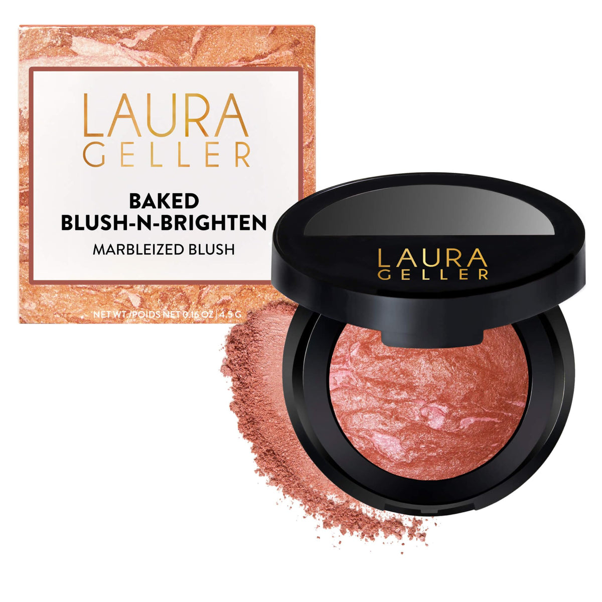 LAURA GELLER front pan view showing Pink Grapefruit blush benefit luminous finish