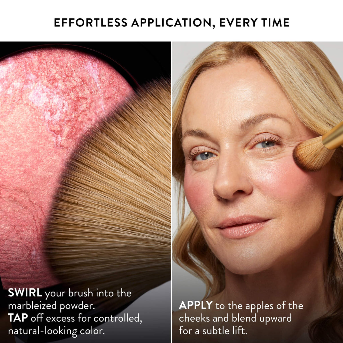 LAURA GELLER model applying blush for a lifted, natural radiance benefit