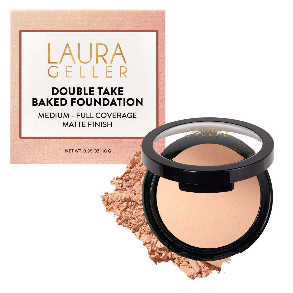 LAURA GELLER compact front view showing porcelain shade and sleek packaging benefit: portable