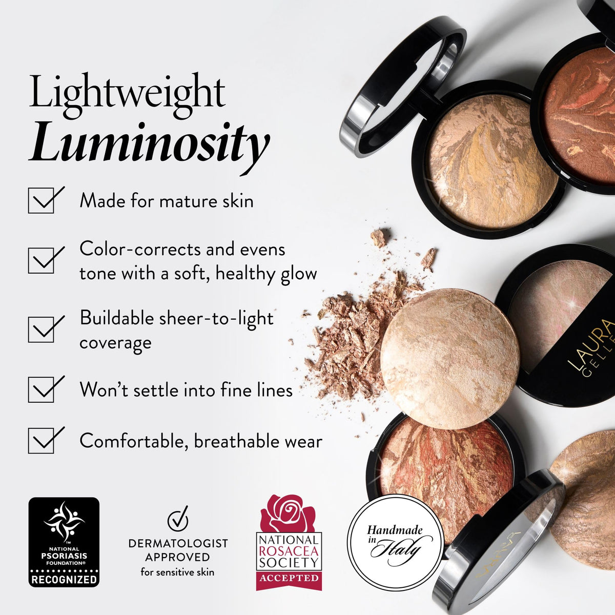 LAURA GELLER NEW YORK brush picking up powder to demonstrate easy application and buildable coverage