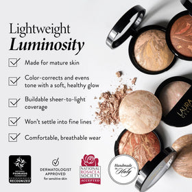 LAURA GELLER NEW YORK brush picking up powder to demonstrate easy application and buildable coverage