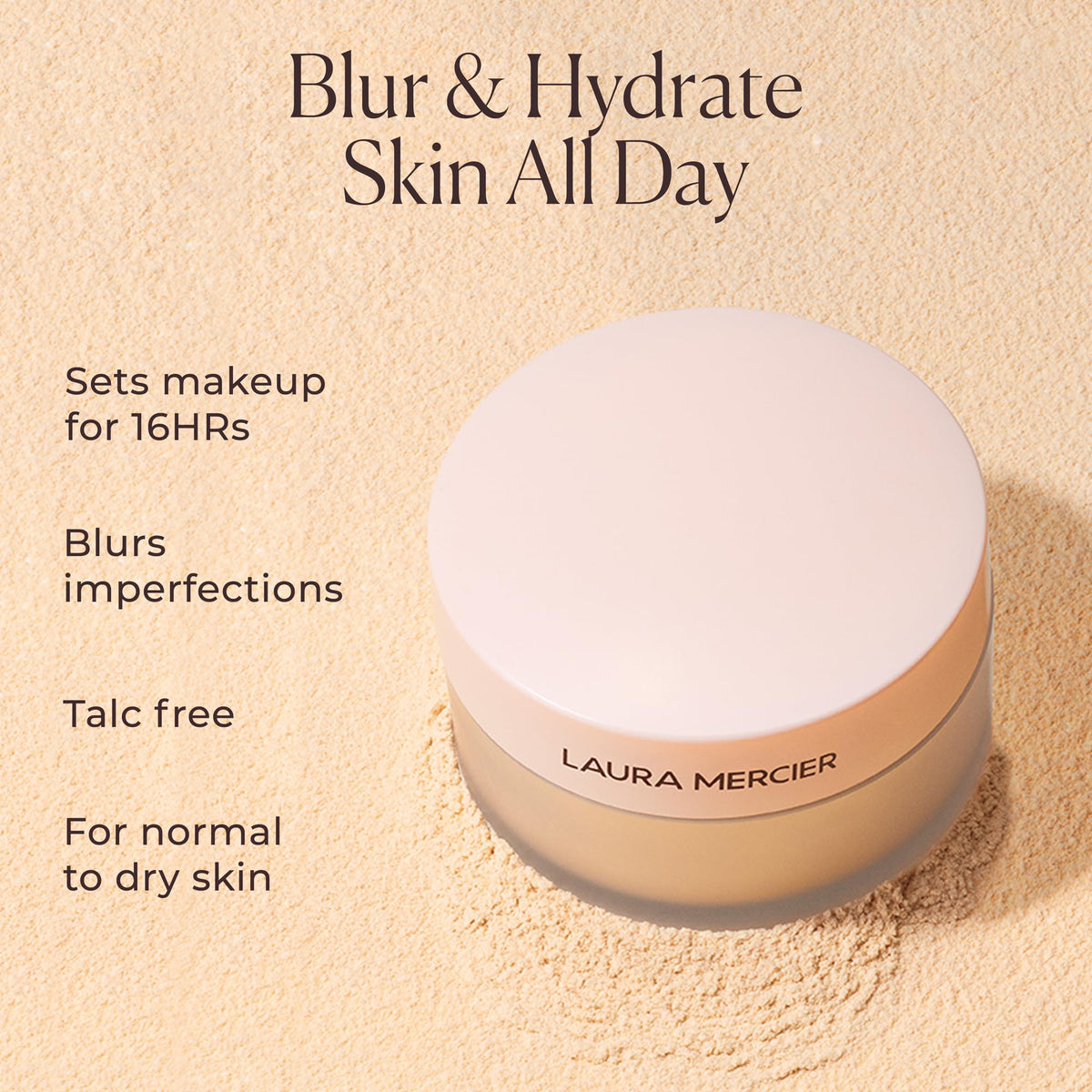 Laura Mercier powder applied with brush demonstrating soft-focus finish benefit