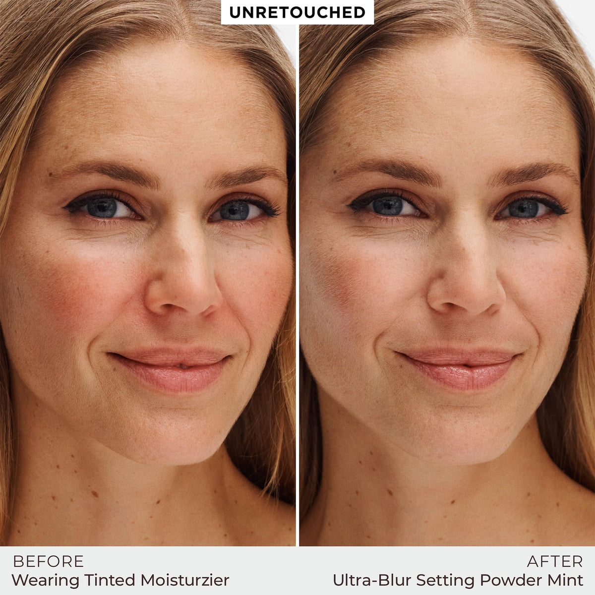 Laura Mercier brush applying powder on cheek for redness correction and smooth look