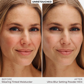 Laura Mercier brush applying powder on cheek for redness correction and smooth look