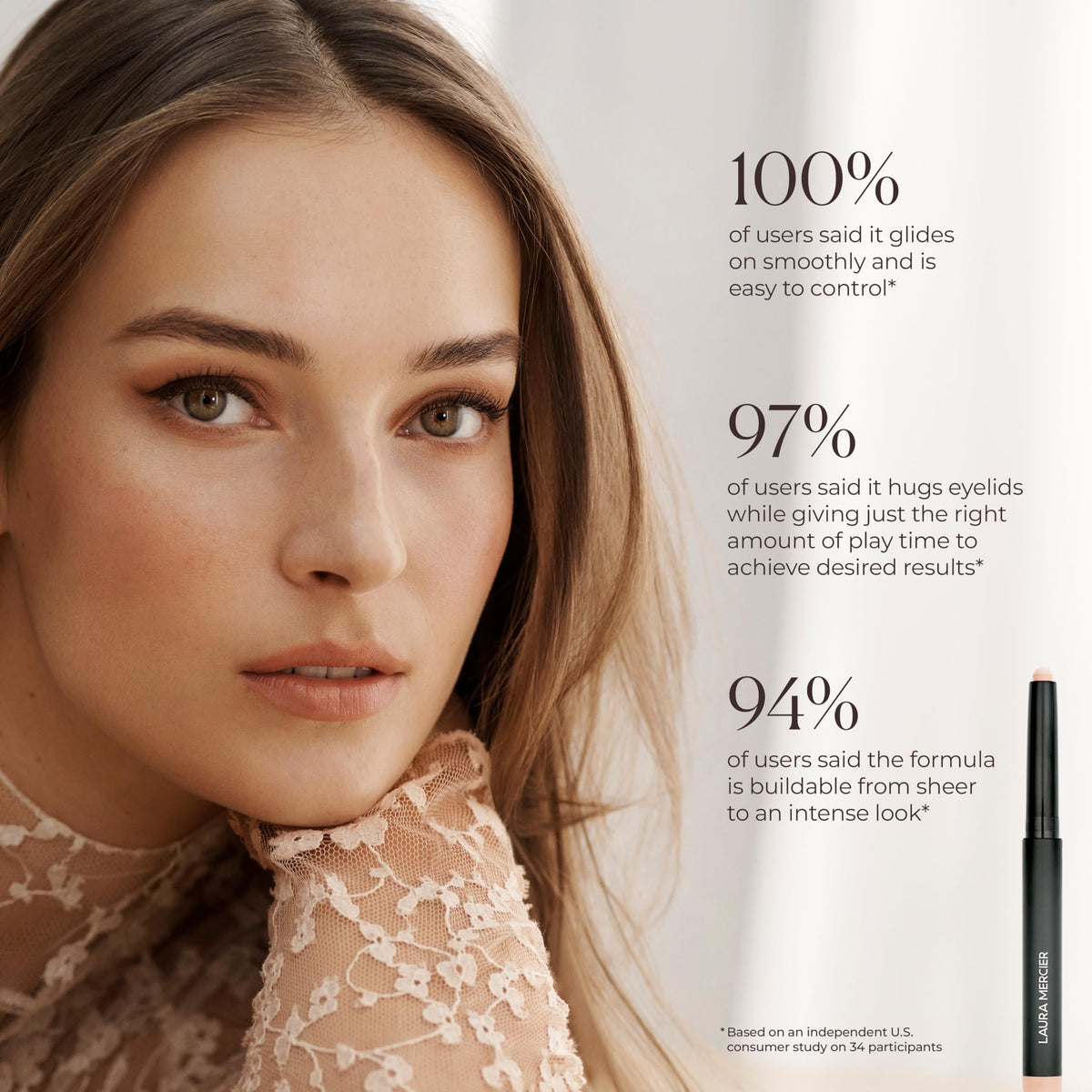 Laura Mercier scale image of Cobblestone next to fingernail showing travel-friendly size benefit