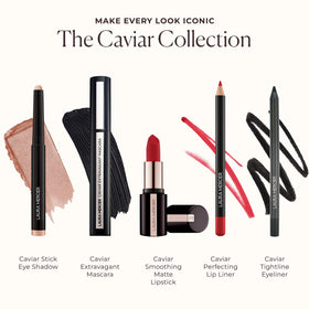 Laura Mercier stick next to lipstick showing compact size and travel convenience