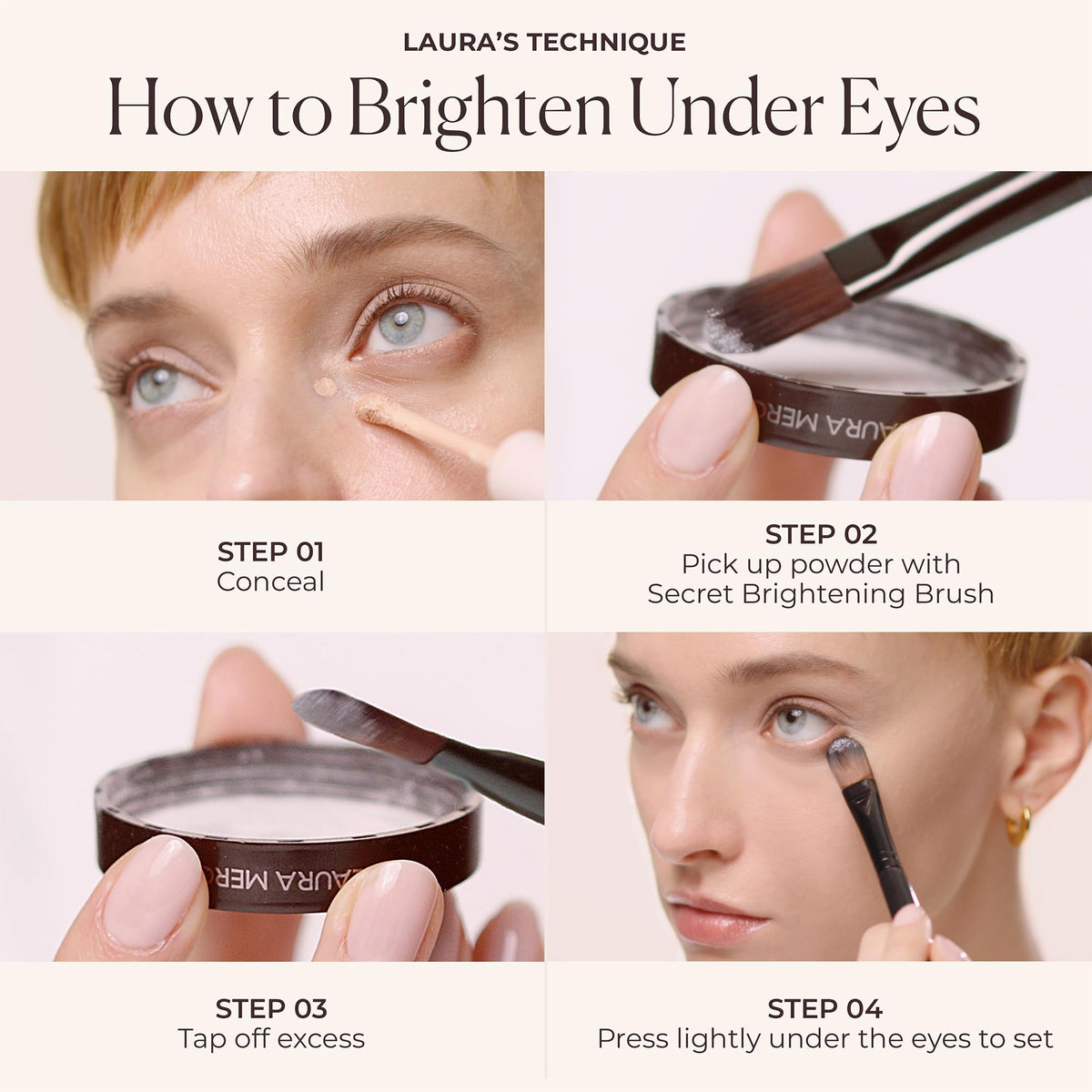 Laura Mercier compact beside fingers showing size and travel-friendly benefit