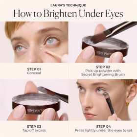 Laura Mercier compact beside fingers showing size and travel-friendly benefit