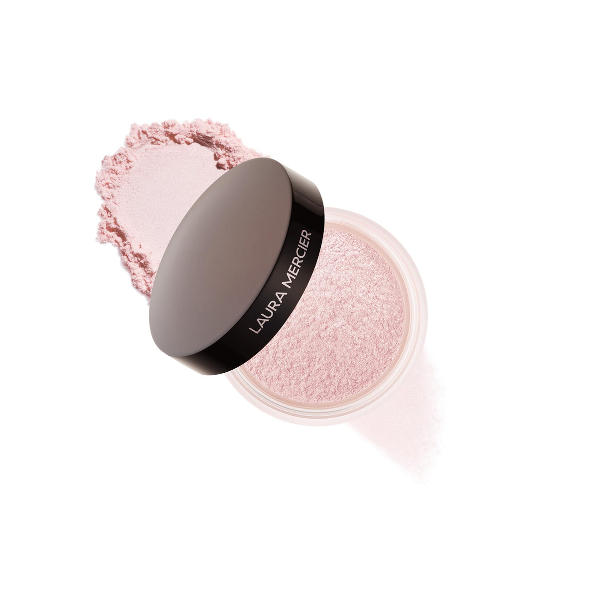 Laura Mercier front packaging jar showing soft pink powder and elegant label benefit brightening