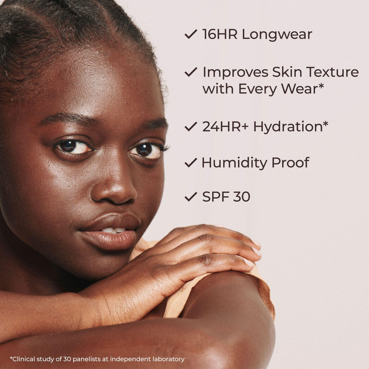 Laura Mercier back label ingredient list emphasizing skincare-based benefit