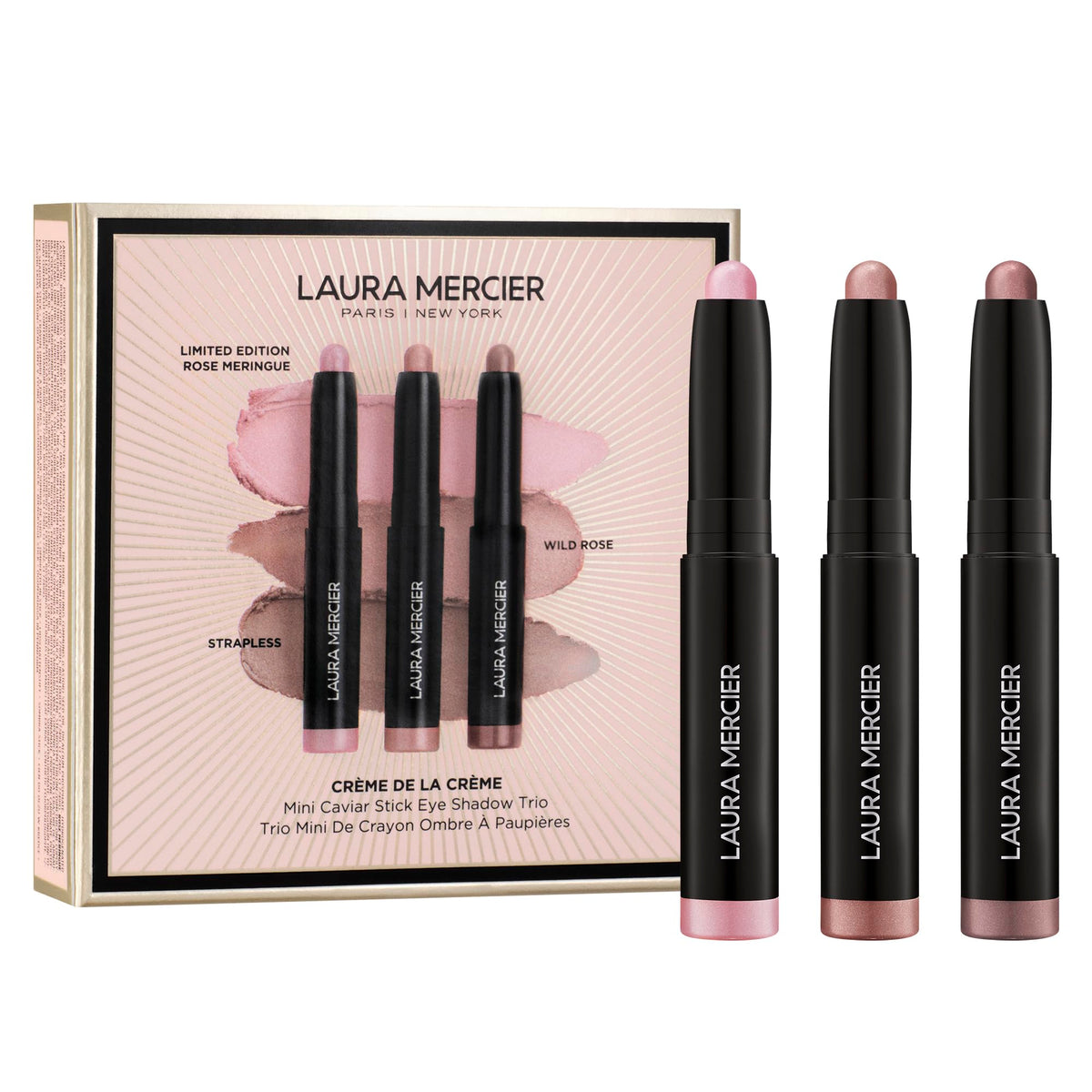 Laura Mercier front packaging of mini Caviar Stick trio shows compact gift-ready set and portability