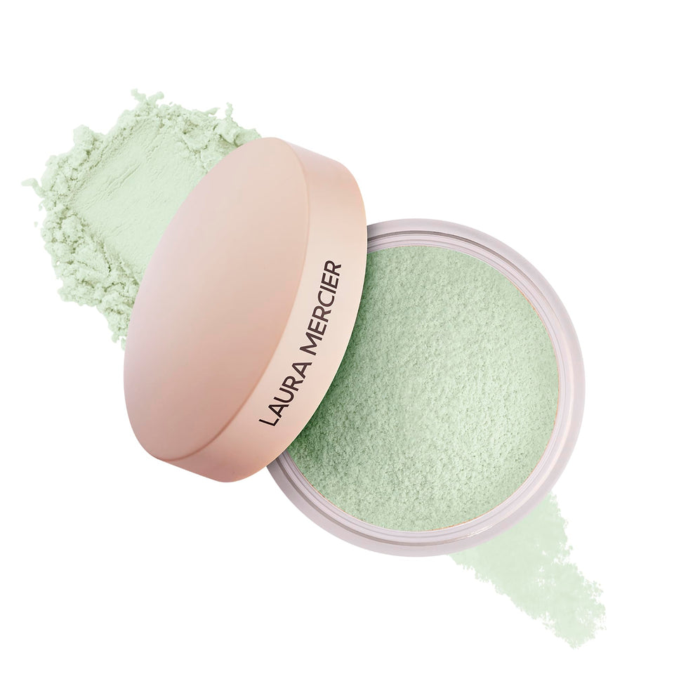 Laura Mercier jar front view showing mint powder and brand benefit of redness neutralizing