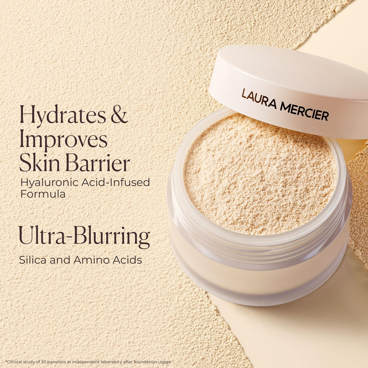 Laura Mercier powder swatched on hand showing invisible, natural finish benefit