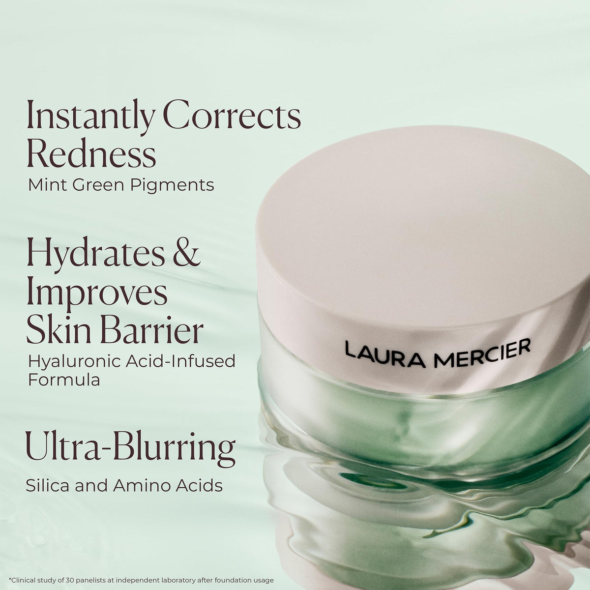 Laura Mercier powder puff with container demonstrating easy touch-up application