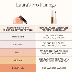 Laura Mercier loose powder dust with visible pigments showing color-correcting action benefit