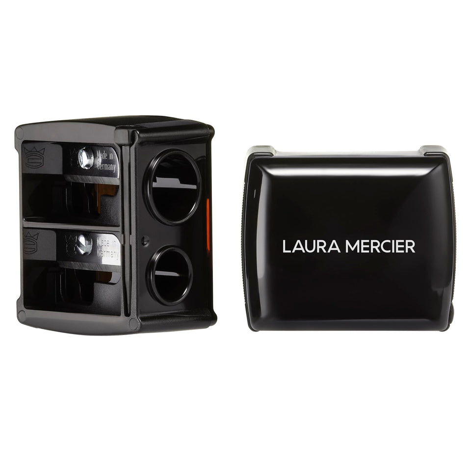 Laura Mercier sharpener front view showing dual openings and neat compact design benefiting portability