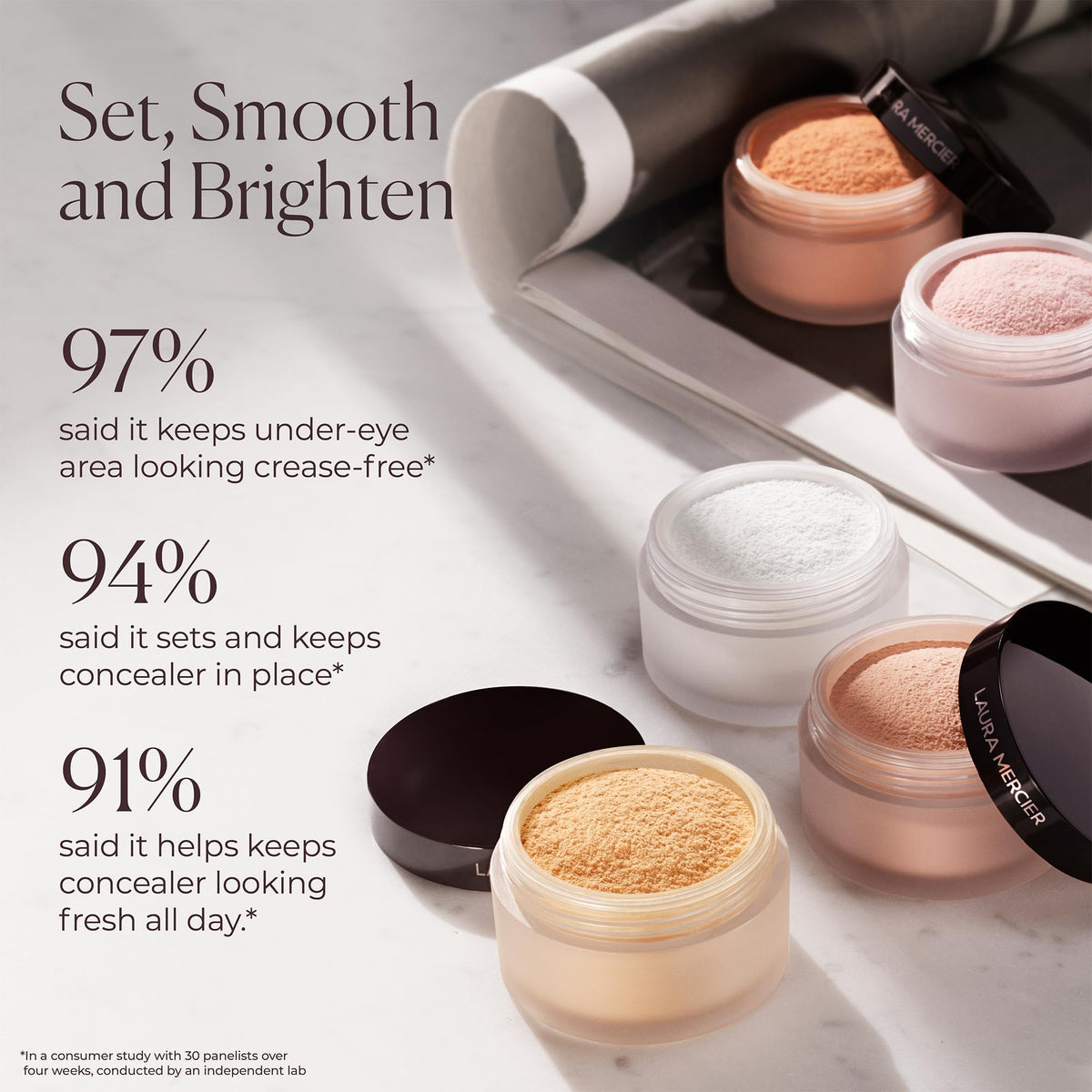 Laura Mercier side label and cap detail highlighting ingredient-sensitive design benefit