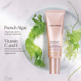 Laura Mercier sponge application showing even coverage and airbrushed effect benefit