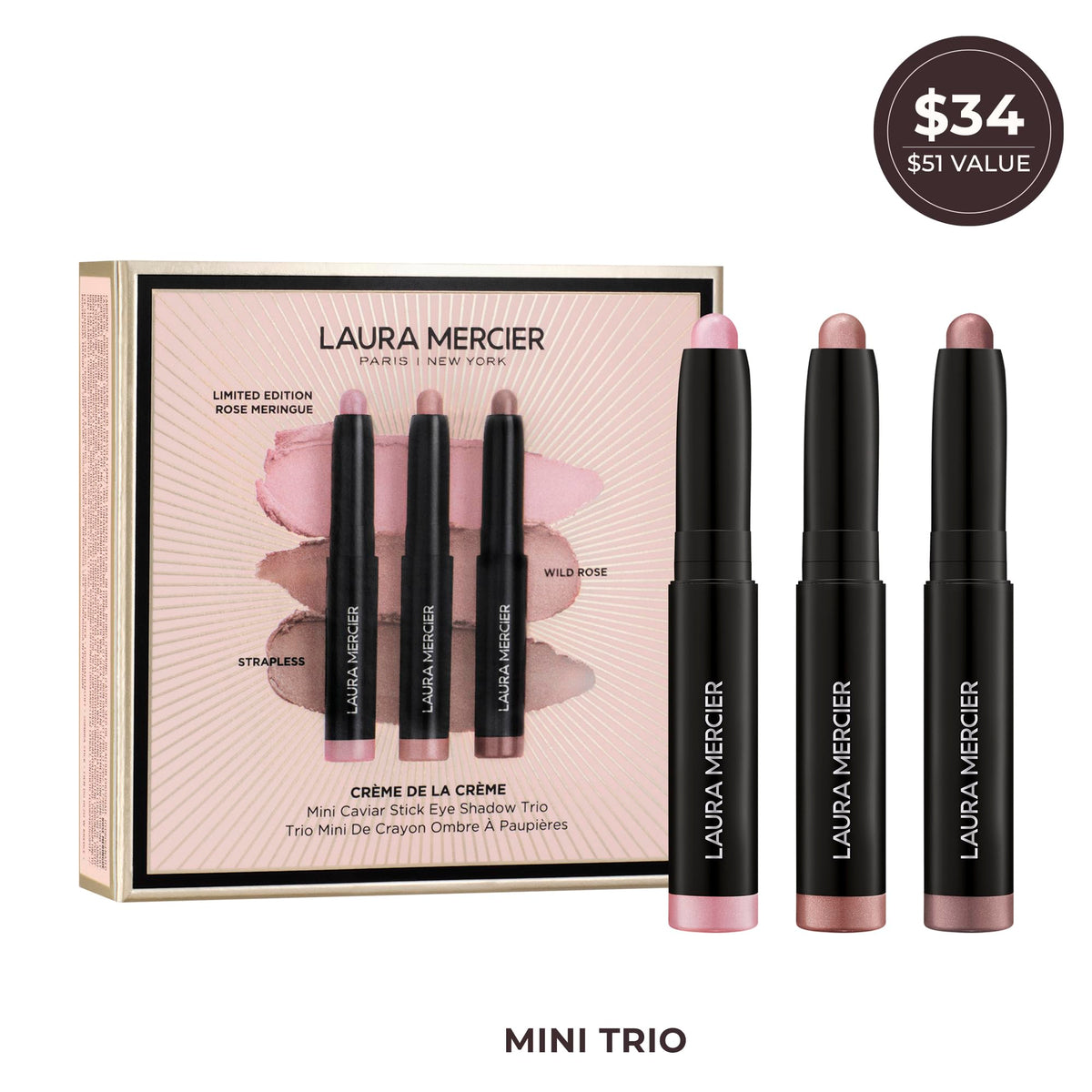 Laura Mercier stick ends and labels visible to identify Strapless Wild Rose and Rose Meringue shades