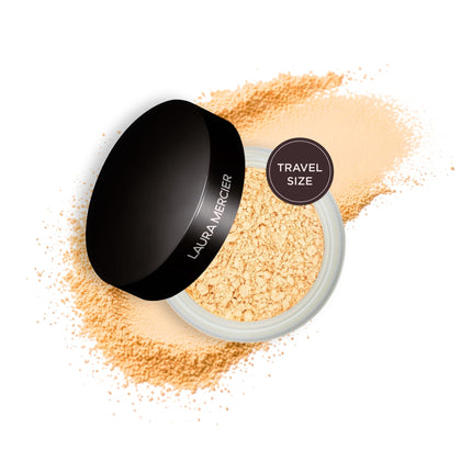 Laura Mercier jar front view showing branding and compact size benefit