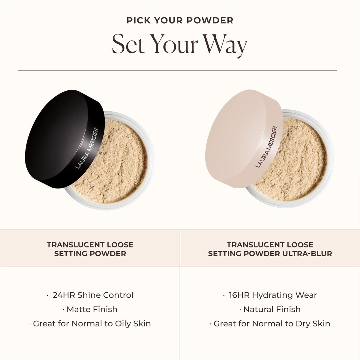 Laura Mercier jar beside hand showing compact size and travel convenience