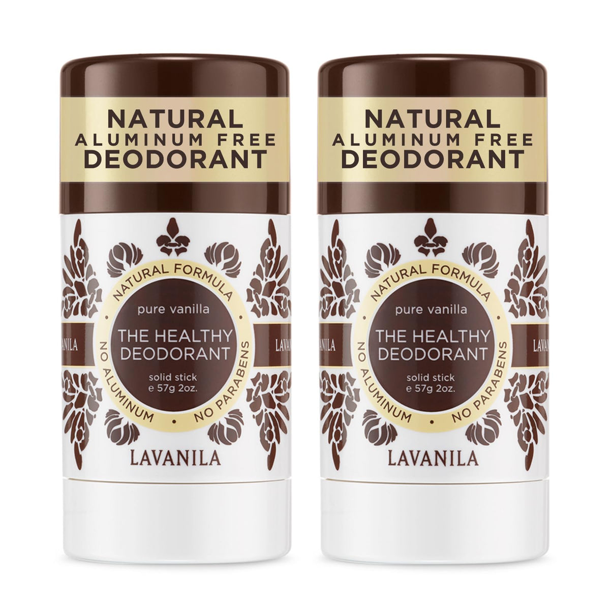 LAVANILA front packaging showing two deodorant sticks and product benefit