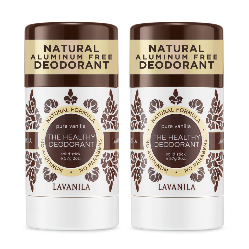 LAVANILA front packaging showing two deodorant sticks and product benefit