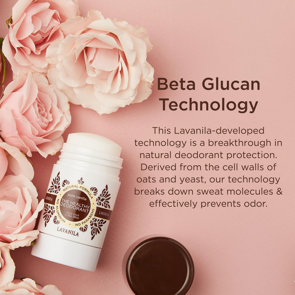 LAVANILA label close-up listing Beta Glucan and clean ingredient benefits