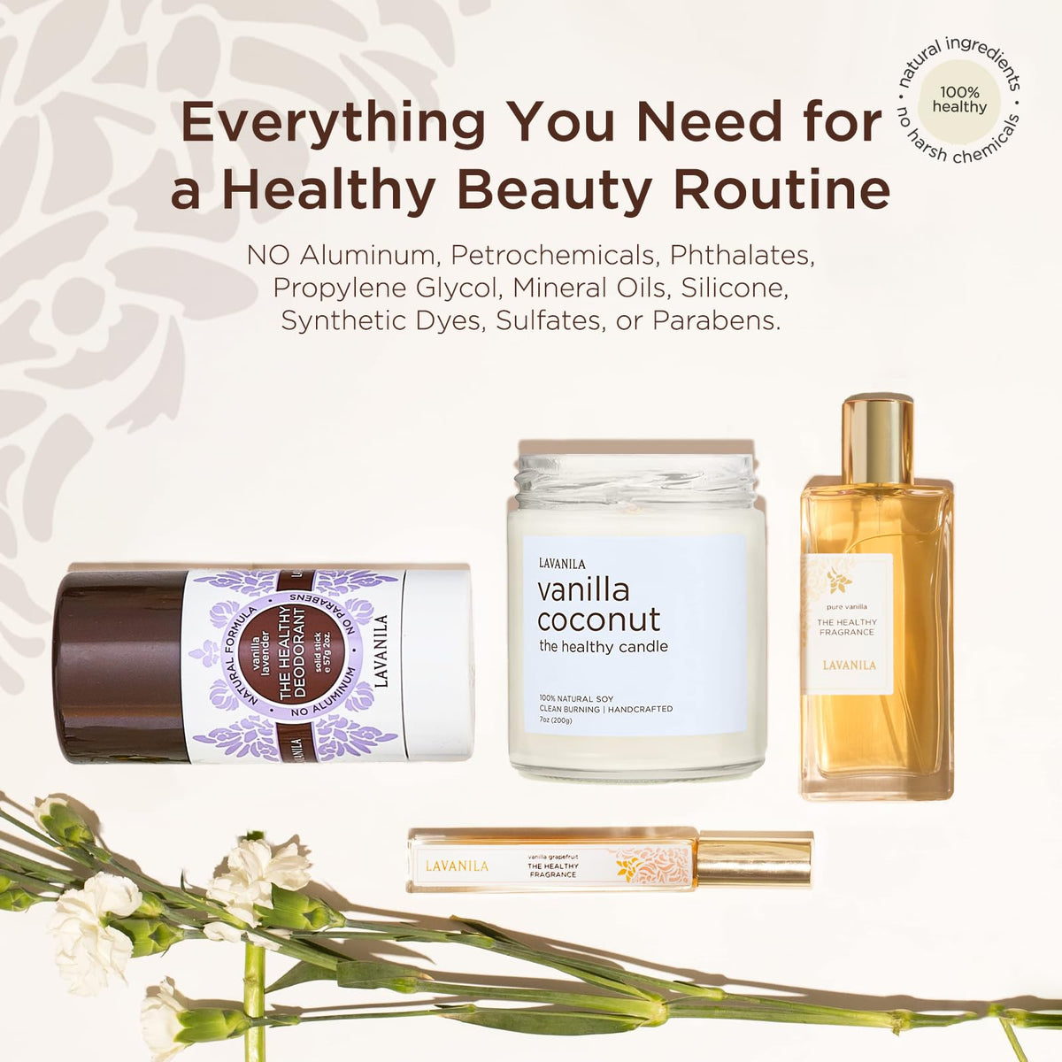 Lavanila clear label with ingredients list highlighting clean formulation benefit
