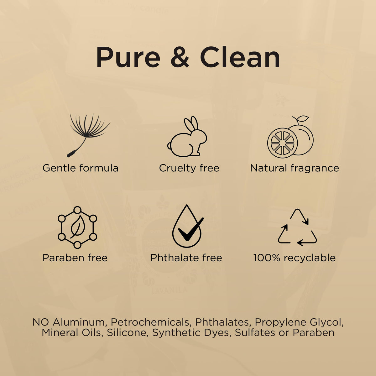 LAVANILA flatlay with botanicals conveying natural ingredients and clean fragrance benefit