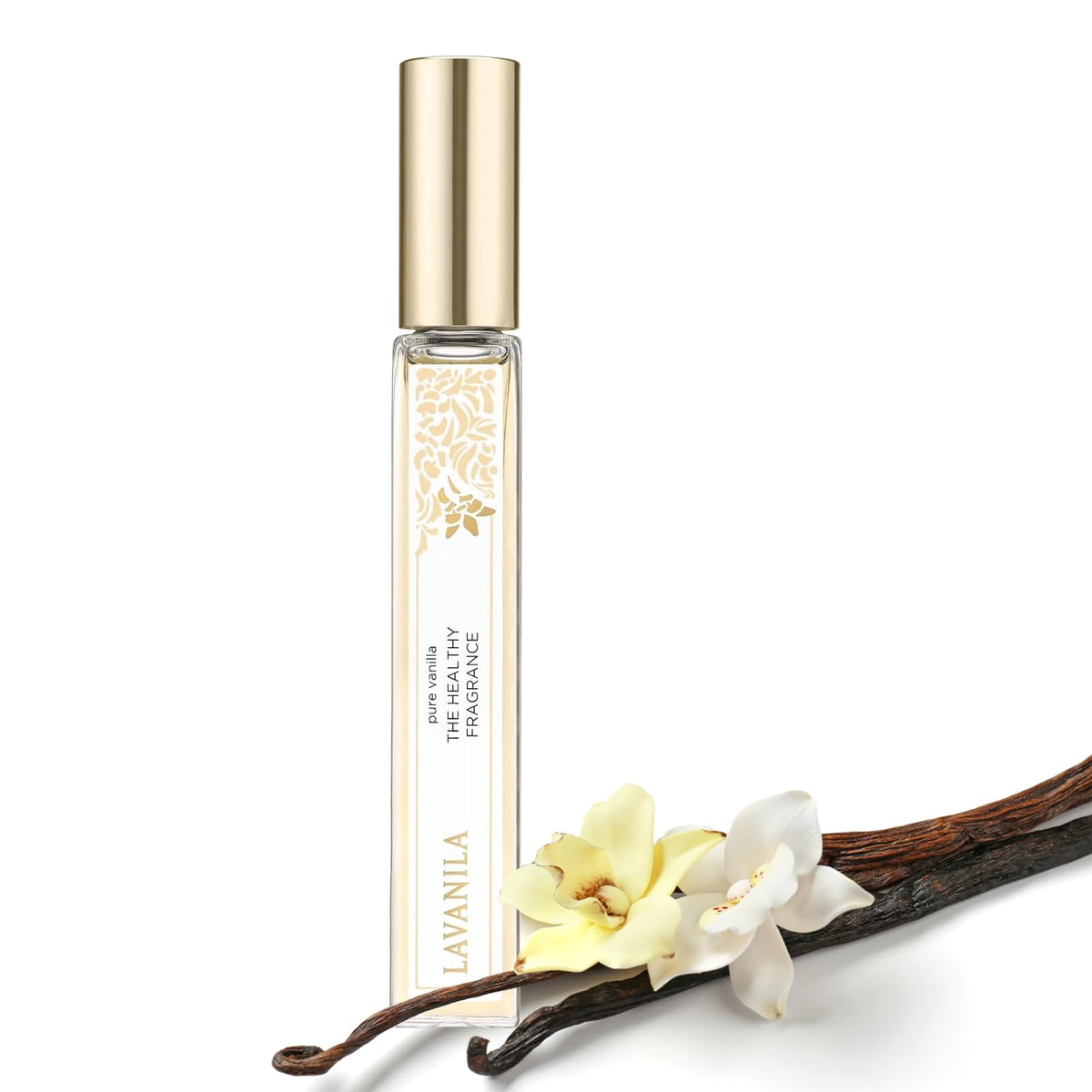 Lavanila travel roller front view showing compact bottle and label for easy portability