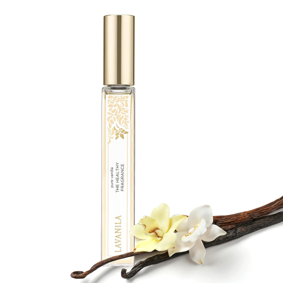 Lavanila travel roller front view showing compact bottle and label for easy portability