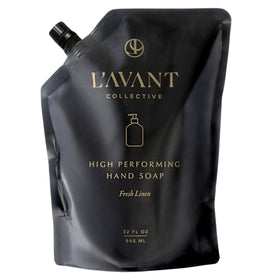 L'AVANT Collective pouch front view showing Fresh Linen refill and branding benefits
