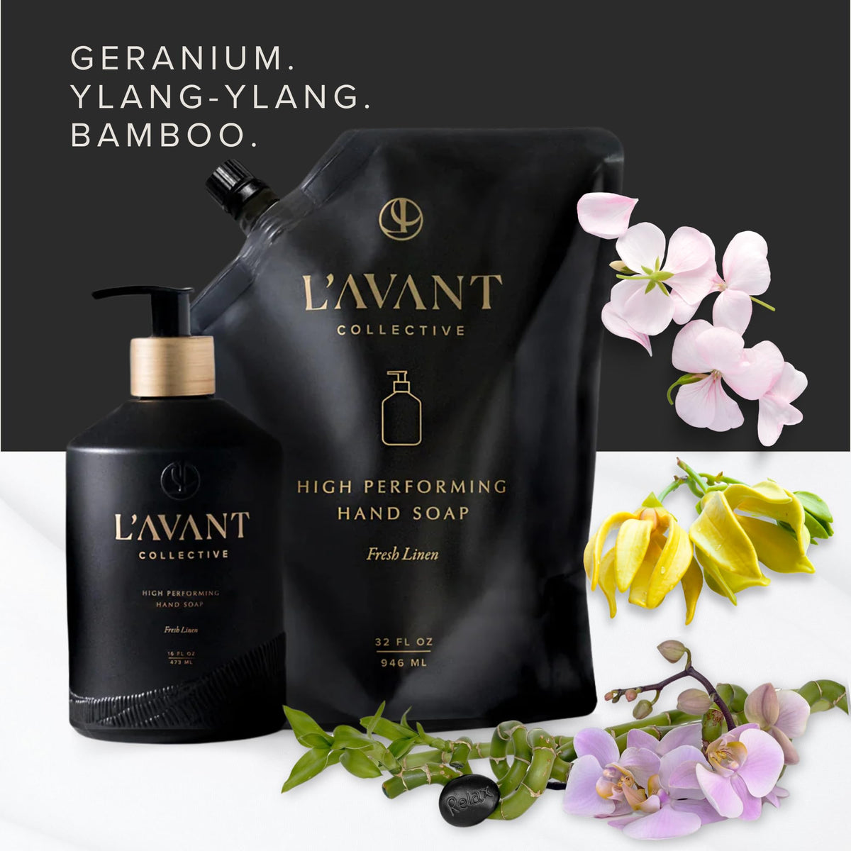 L'AVANT Collective natural ingredients display with aloe and lavender for soothing care